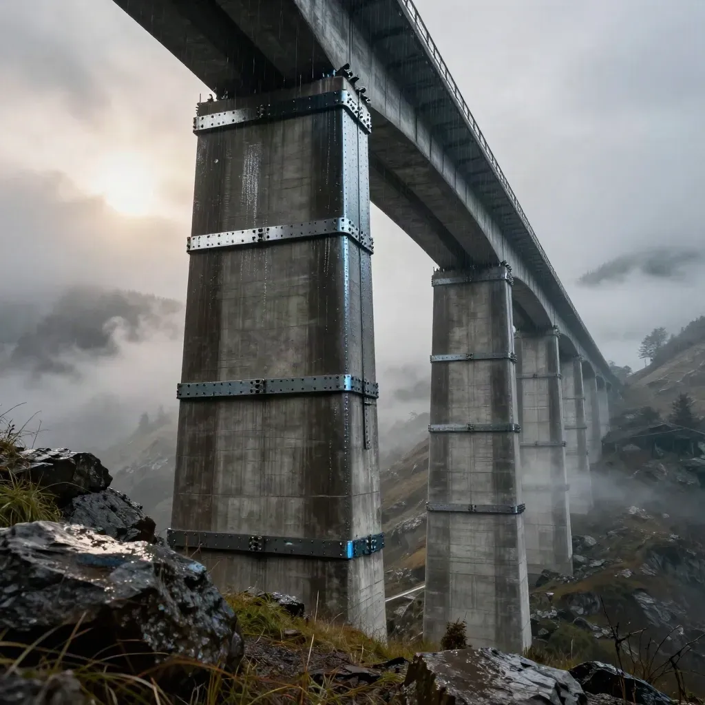 Bracci di rinforzo sismico su un pilone di viadotto di montagna nella nebbia dopo la pioggia