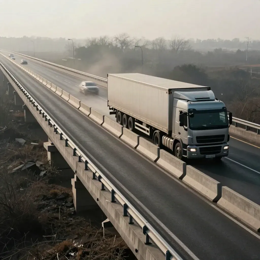 Camion carico su un ponte con divisori temporanei e vento laterale.
