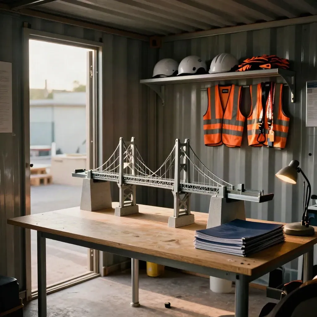 Container cantiere con plastico di ponte, cartelle chiuse e DPI su scaffale, luce calda.
