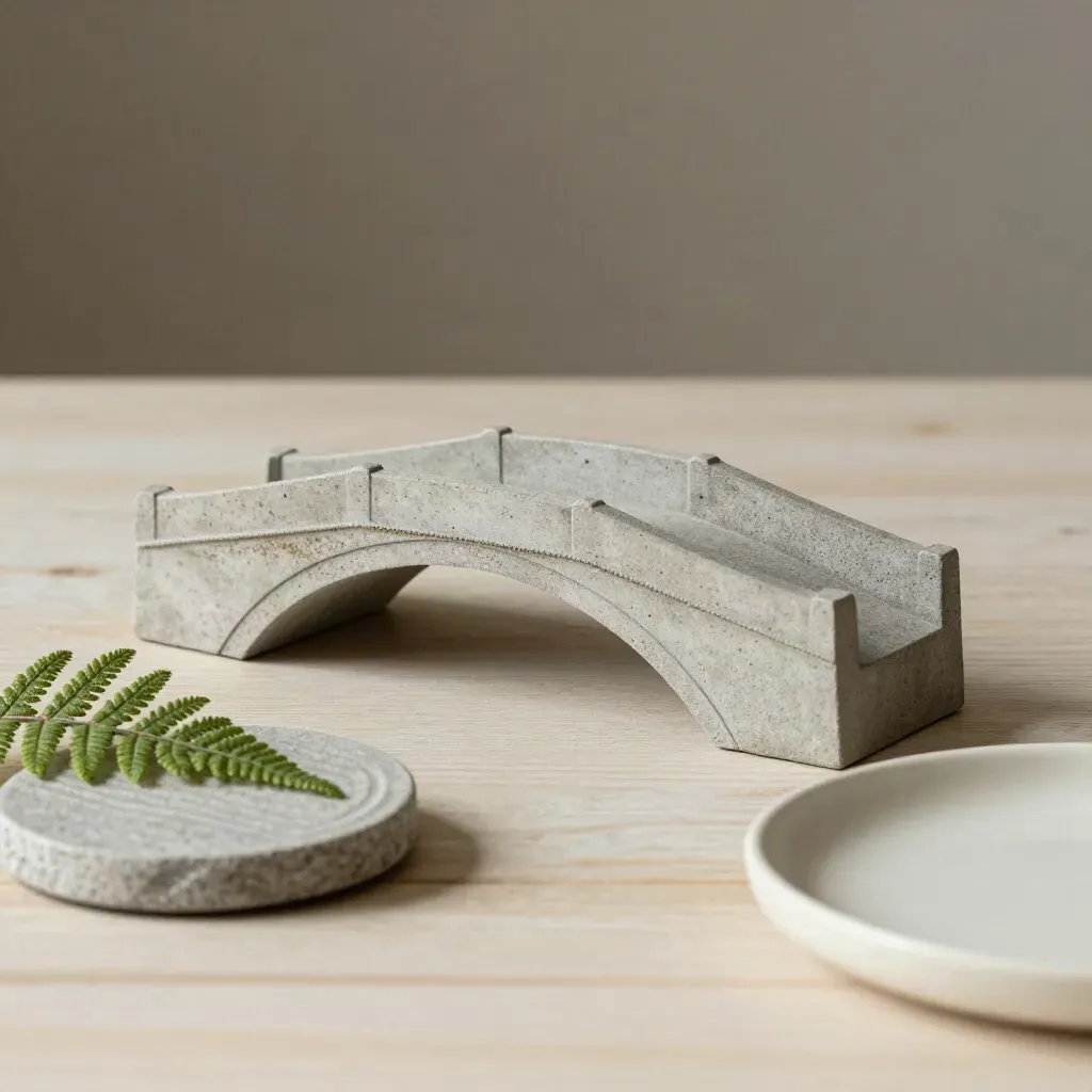 Modello di ponte ad arco in cemento con sottobicchiere in pietra, felce e vassoio ceramico su legno chiaro.