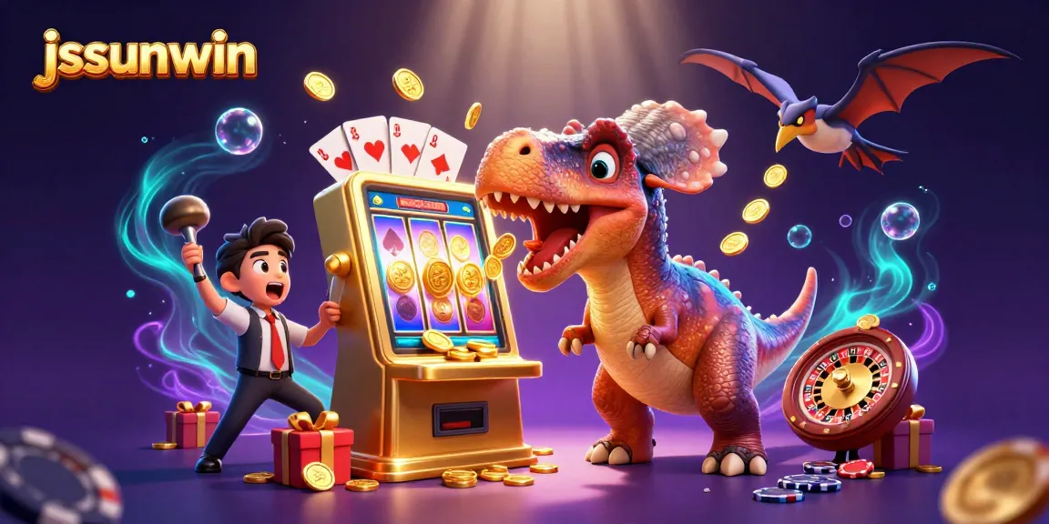 jssunwin showcases a 3D dinosaur scene with vibrant casino elements and coins flying
