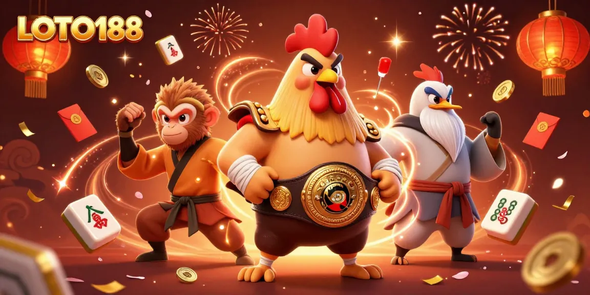 Engage with LOTO188's thrilling gaming scene featuring a Muay Thai rooster and martial artists in vibrant action.