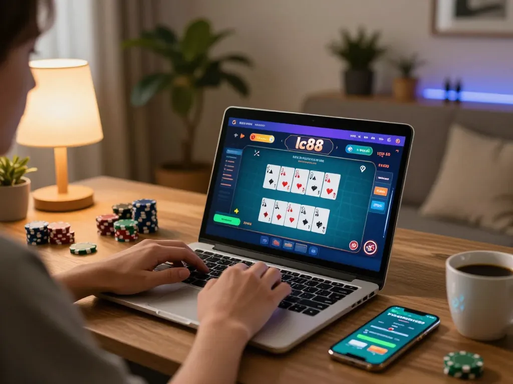 Playing poker on lc88 platform with an engaging laptop interface in a cozy home setting