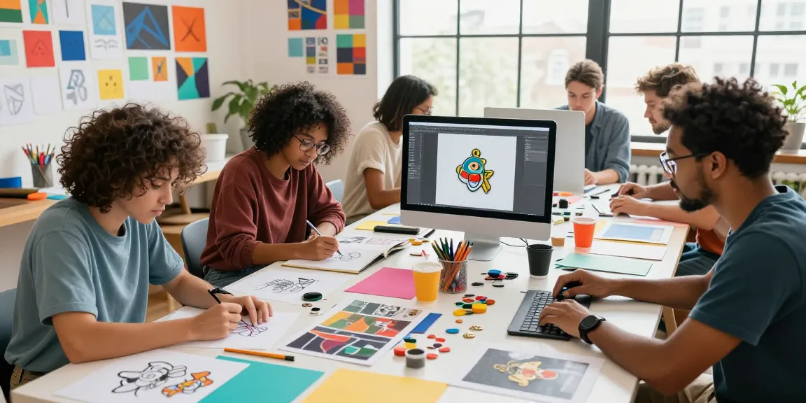 Designers creating custom pins with colorful sketches and digital tools in a bright workspace.
