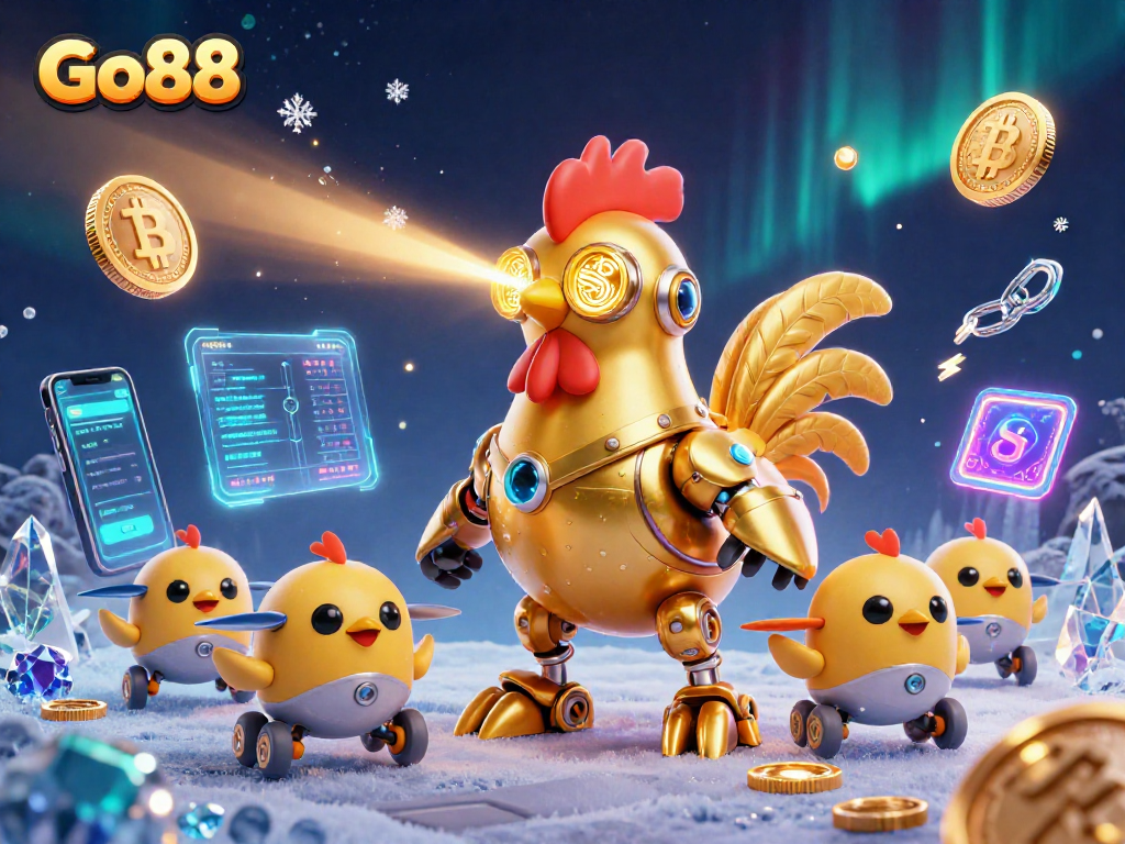 Engage in thrilling gameplay at Go88 with a vibrant casino-themed scene featuring dynamic characters and crypto elements.