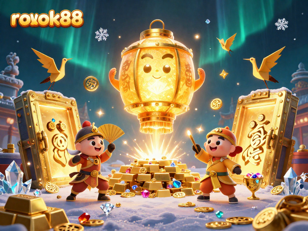 Experience luck at rokok88 with a glowing lantern spirit and golden treasures in a vibrant casino scene.