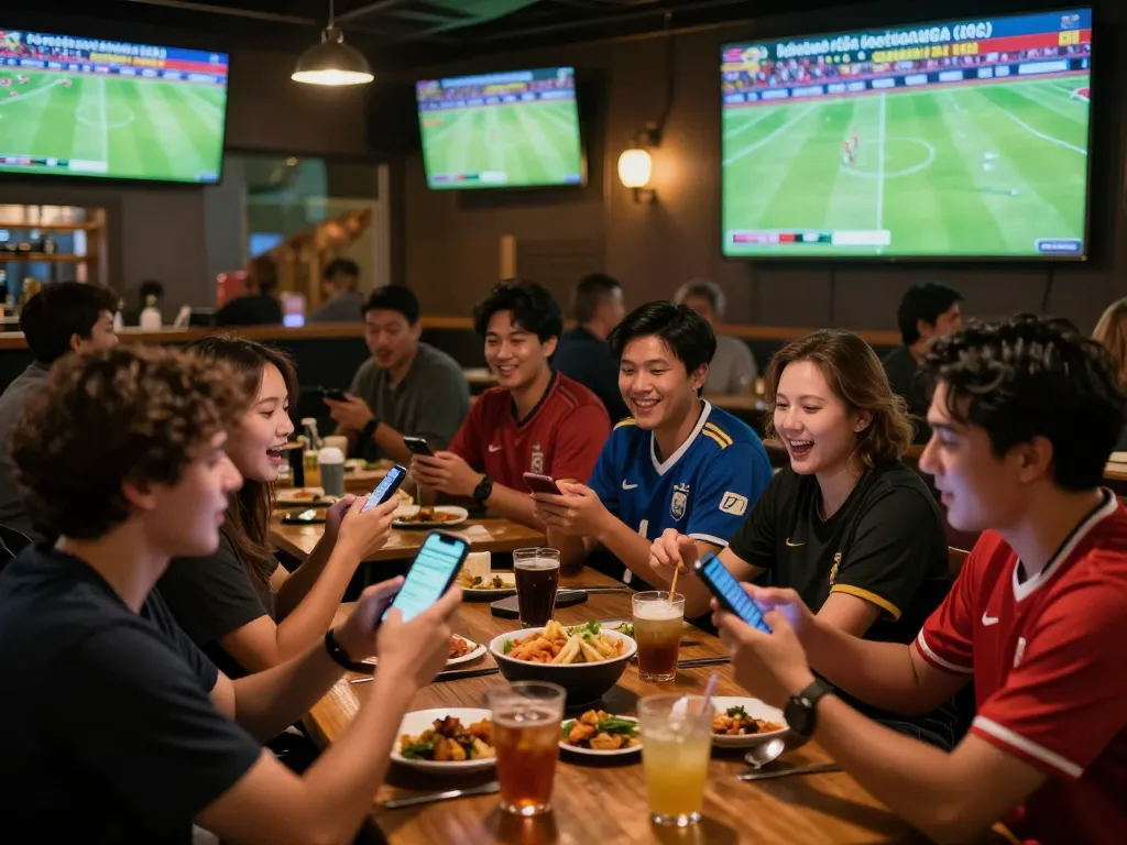 Cheering fans engaged in kèo bóng đá trực tuyến betting at a lively sports bar with multiple screens.