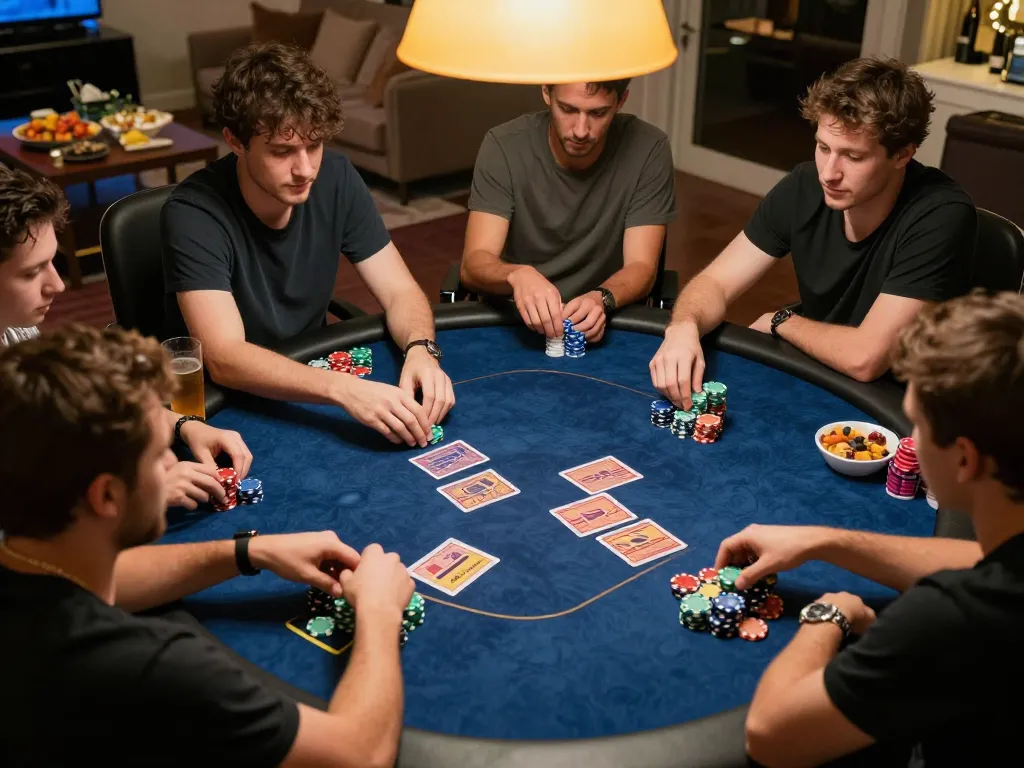 Players enjoying a home poker game with five88 strategies under warm lighting and friendly competition.