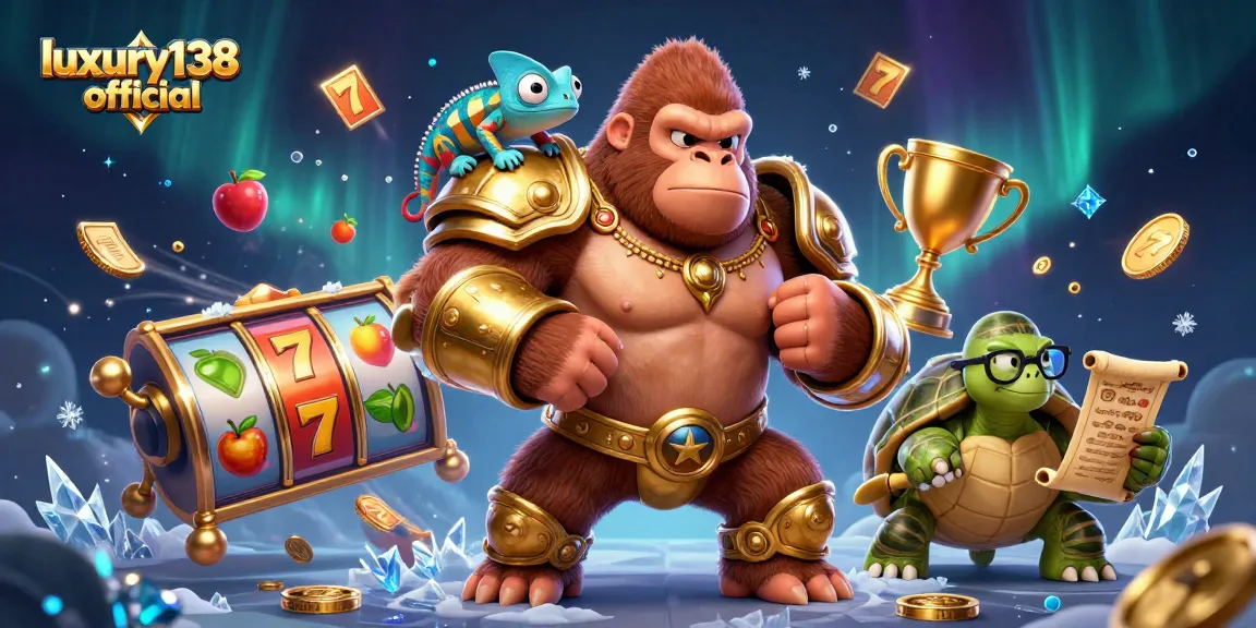 Spin and win with luxury138 official, featuring dynamic gaming elements and characters at a 3D casino.