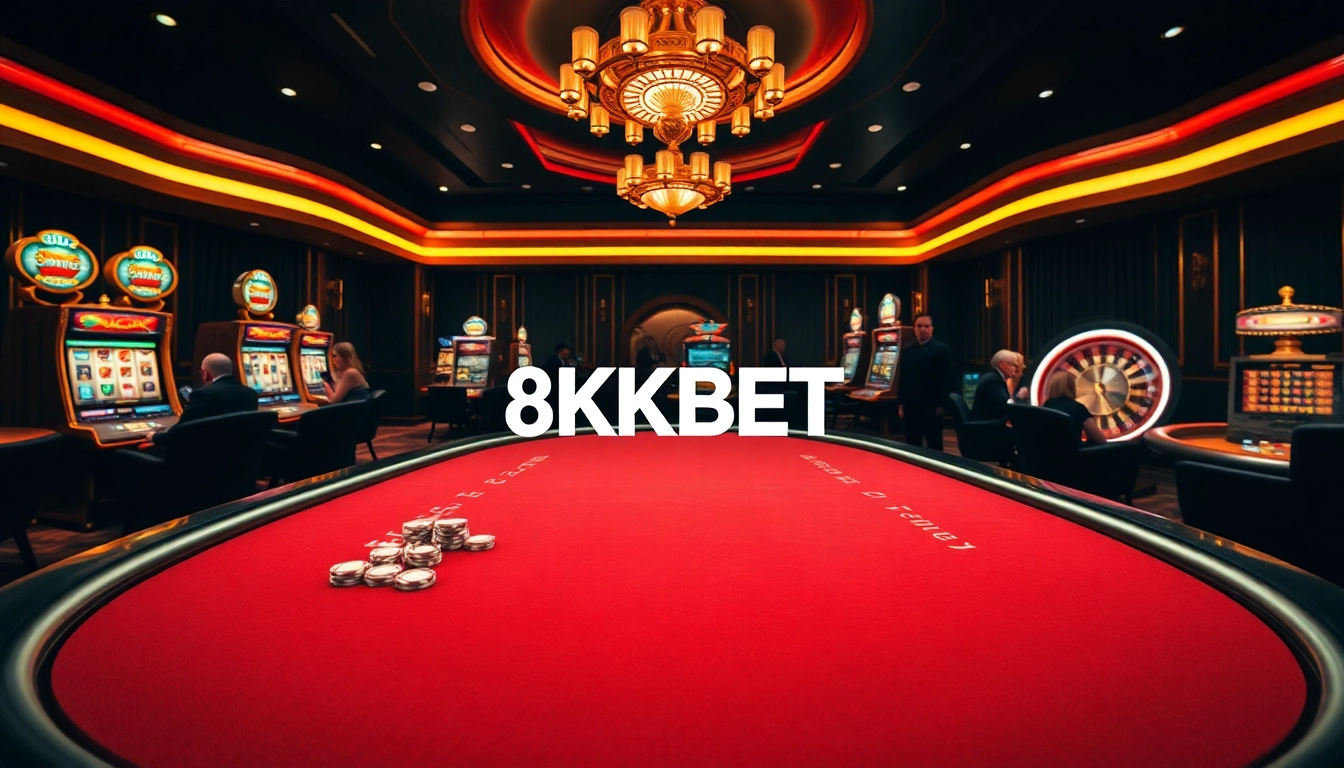 8KBET logo shines at a luxurious casino table surrounded by poker chips and players enjoying a vibrant gambling atmosphere.