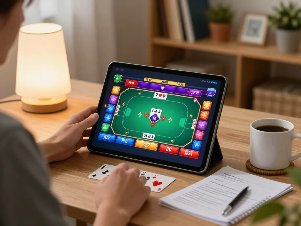 Engaging in online gambling with Nhà cái UU88 on a tablet amid strategic notes in a cozy setting