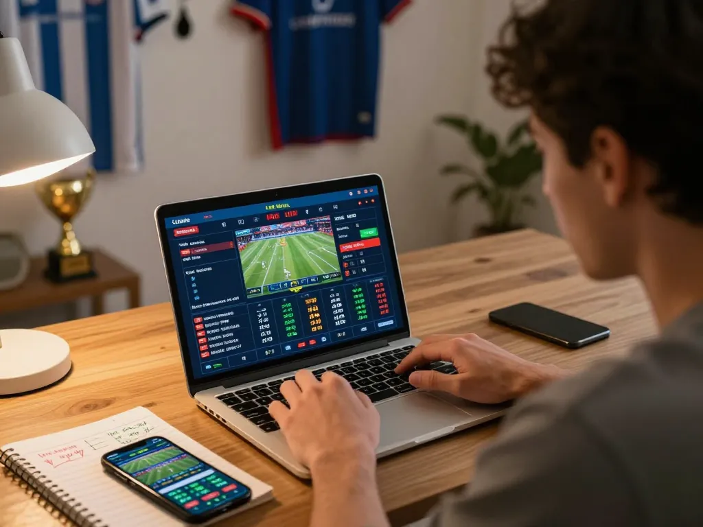 Engaging in online sports betting with nhà cái ee88 at home, showcasing live betting interface and strategies.