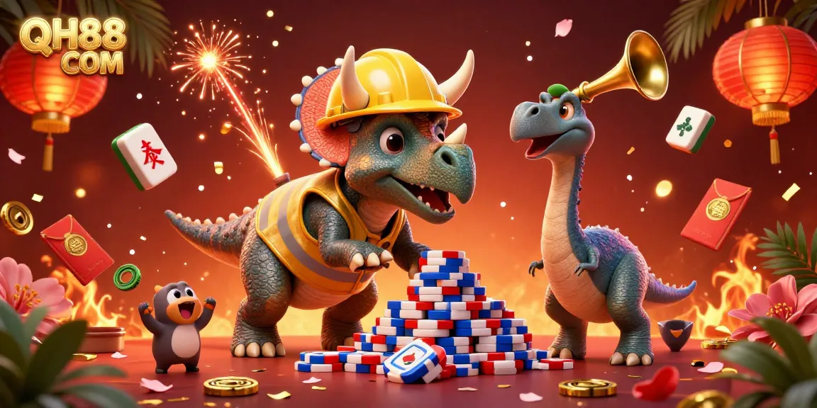 Engage with QH88 COM's vibrant casino world featuring cheerful characters and festive game elements.