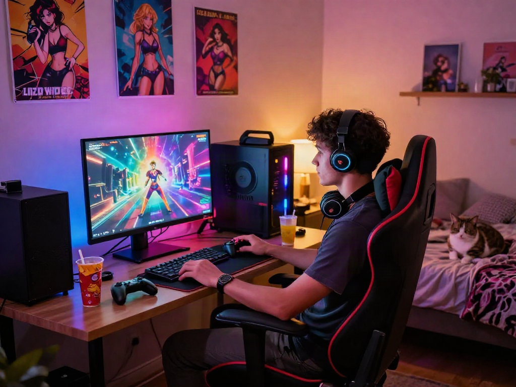 Exciting scene showcasing a gamer playing porn games in a vibrant, cozy bedroom.