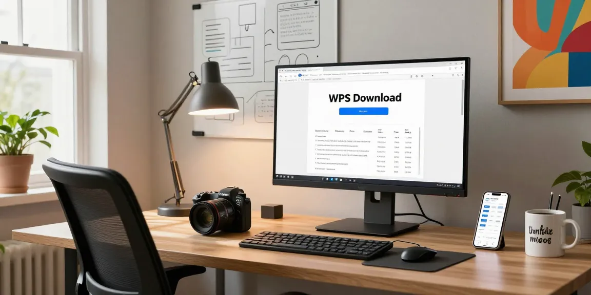 WPS Download page displayed on modern desk setup during work from home