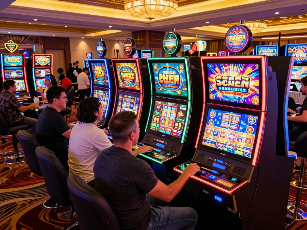 Suasana menarik para pemain Slot Gacor Hari Ini merayakan di dekat mesin slot yang cerah di kasino yang ramai.