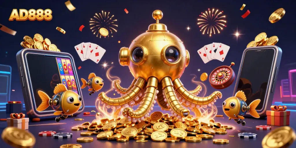 Engage with the AD888 slot experience through a vibrant scene of a golden kraken submarine amidst coins and gaming elements.