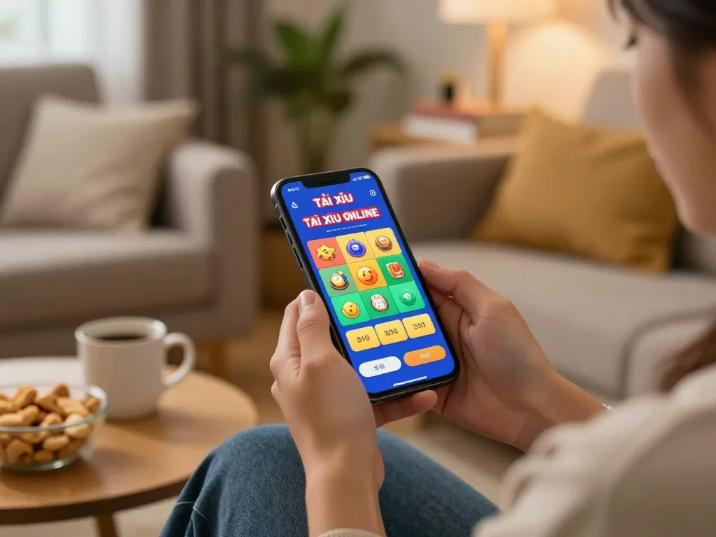 Experience app tài xỉu online gameplay on a smartphone, showcasing colorful betting options in a cozy home.