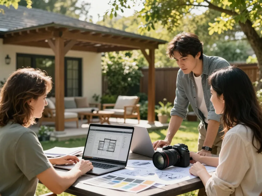 Homeowner using a pergola configurator with a designer, showcasing outdoor design elements.