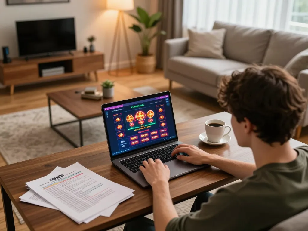 Person enjoying an online gaming experience at home on one88h with strategic notes and drinks.