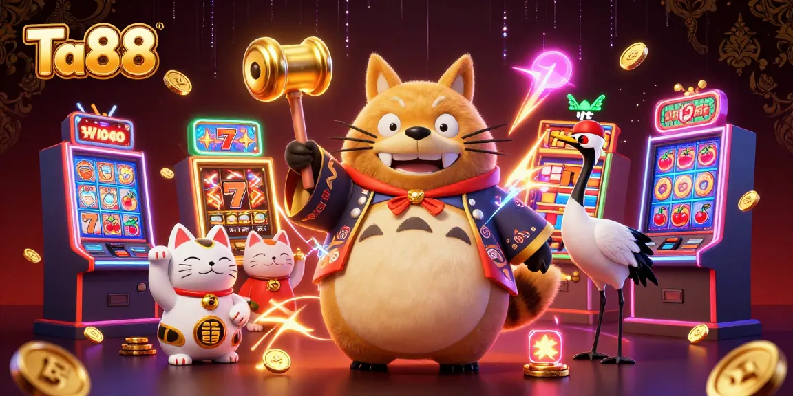Play slots at Ta88 with a lucky tanuki and cheerful fortune cats in a festive 3D casino scene.