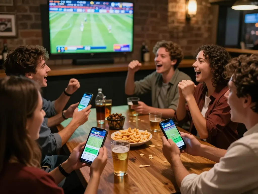 Friends engaging in live sports betting on net88 during an exciting game with drinks and snacks.