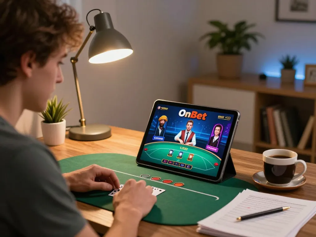 Player enjoying a live poker game on OnBet tablet in a cozy home setting, showcasing strategic betting