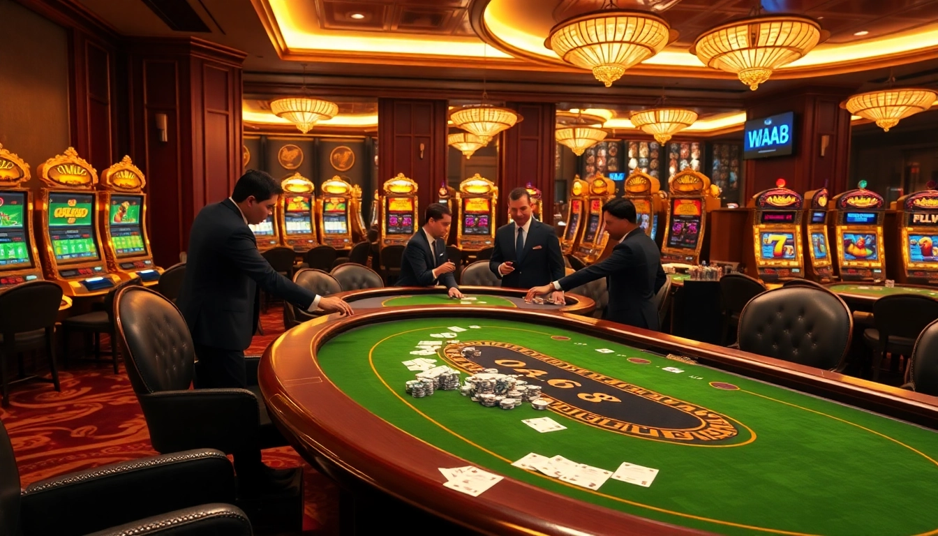 Experience high-stakes gaming action at WALA88, featuring luxurious casino tables and vibrant slot machines.