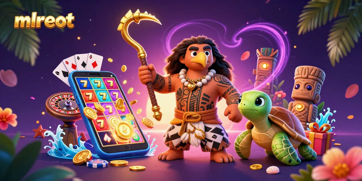 Engage with mlreot by exploring vibrant casino elements featuring a demigod and turtle in an exciting 3D illustration.