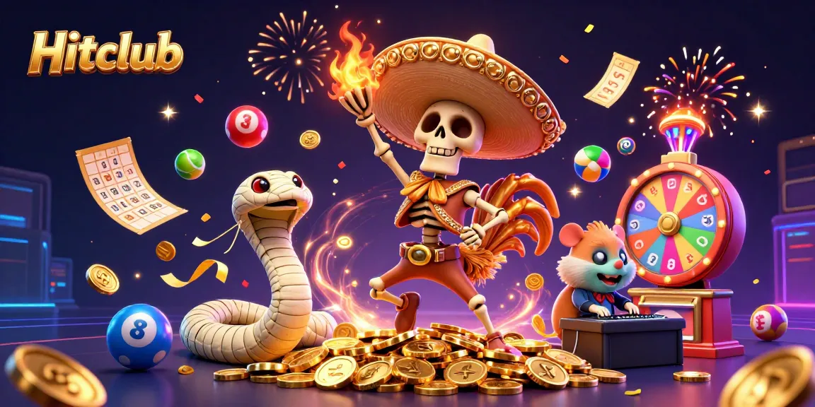 Experience Hitclub with an energetic 3D illustration featuring a victorious dancing skeleton and dynamic gaming elements.