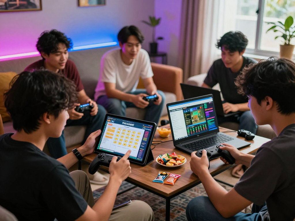 Group discussing ROKOK88 gaming strategies with vibrant atmosphere and LED lights.