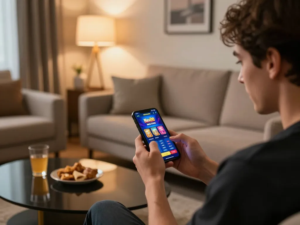 Engaging with New88 nhà cái app on a smartphone in a cozy home setup for exciting gaming experience.