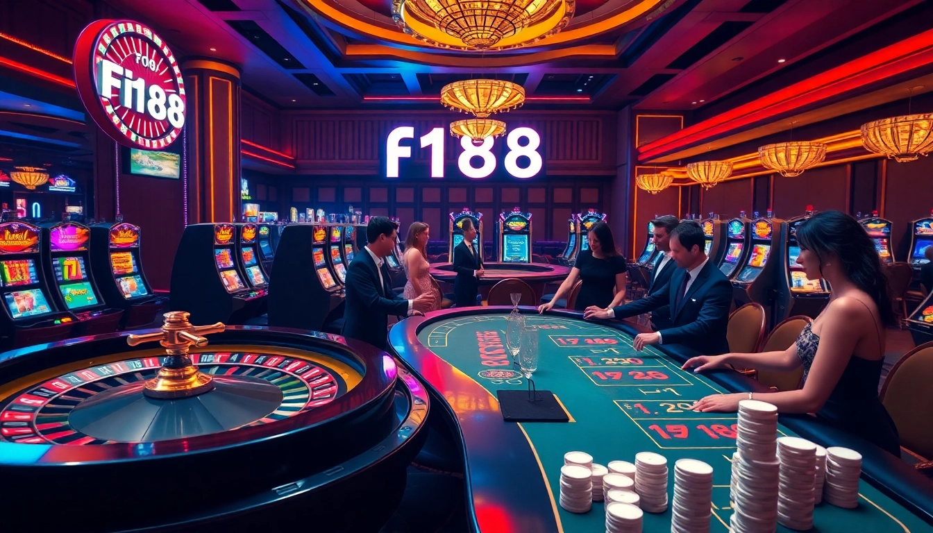 Players enjoying a vibrant casino experience at f168, surrounded by roulette wheels and slot machines.