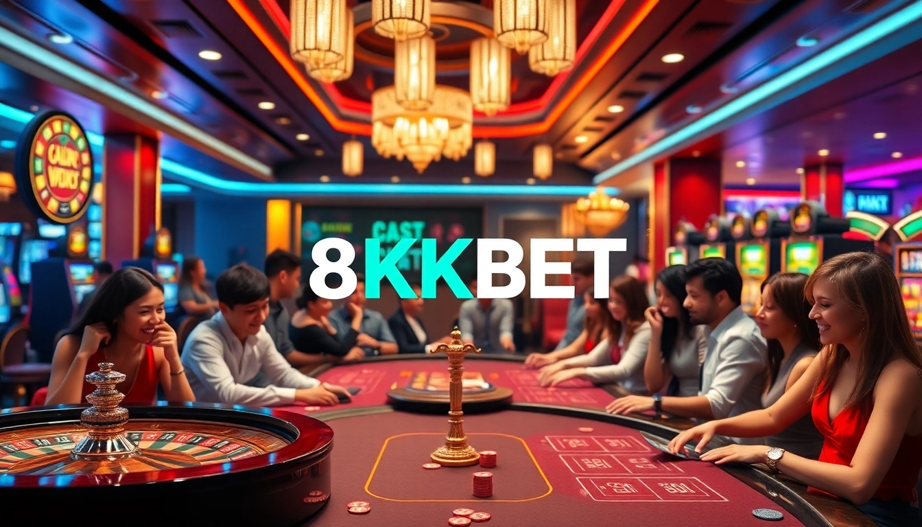 Experience the excitement of 8KBET with vibrant casino gaming scenes featuring roulette and poker tables.