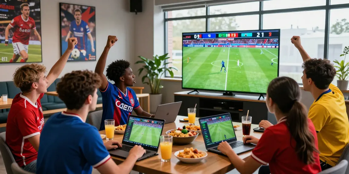Soi kèo analysis in a lively sports bar with fans cheering, laptops showing odds