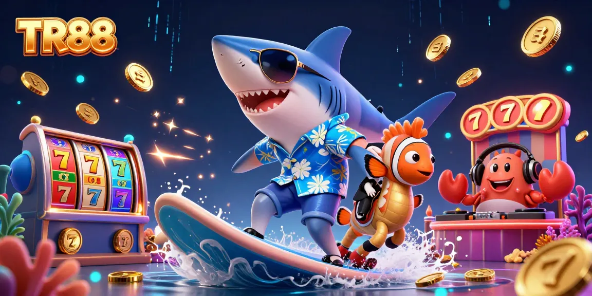 Experience excitement with TR88 as a cartoon shark surfs gold coins, surrounded by vibrant casino elements.