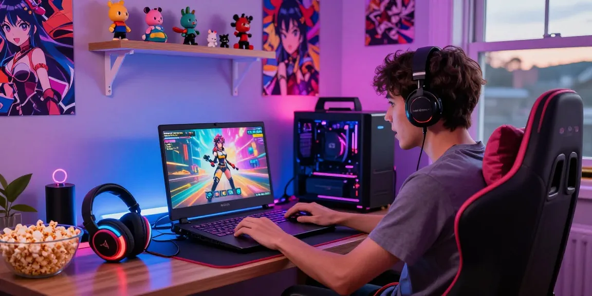 Player enjoying a mobile hentai game in a colorful gaming setup, surrounded by anime decor.