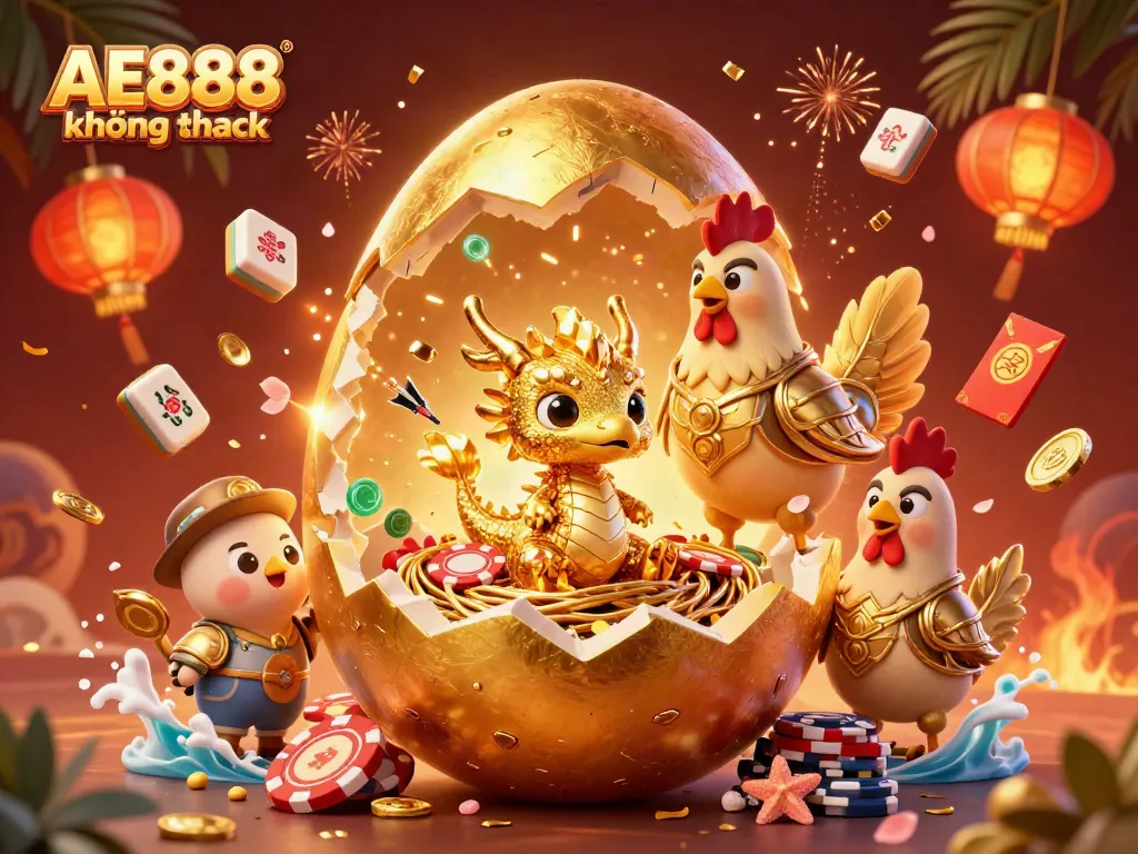 Experience AE888 không chặn with a golden dragon and poker chips amidst a vibrant casino scene.