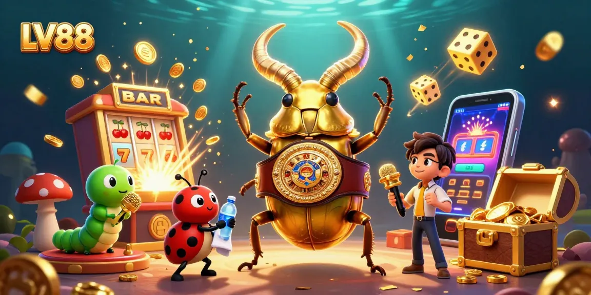 Win big with LV88 in this vibrant casino-themed illustration featuring a dynamic scene of characters and games.