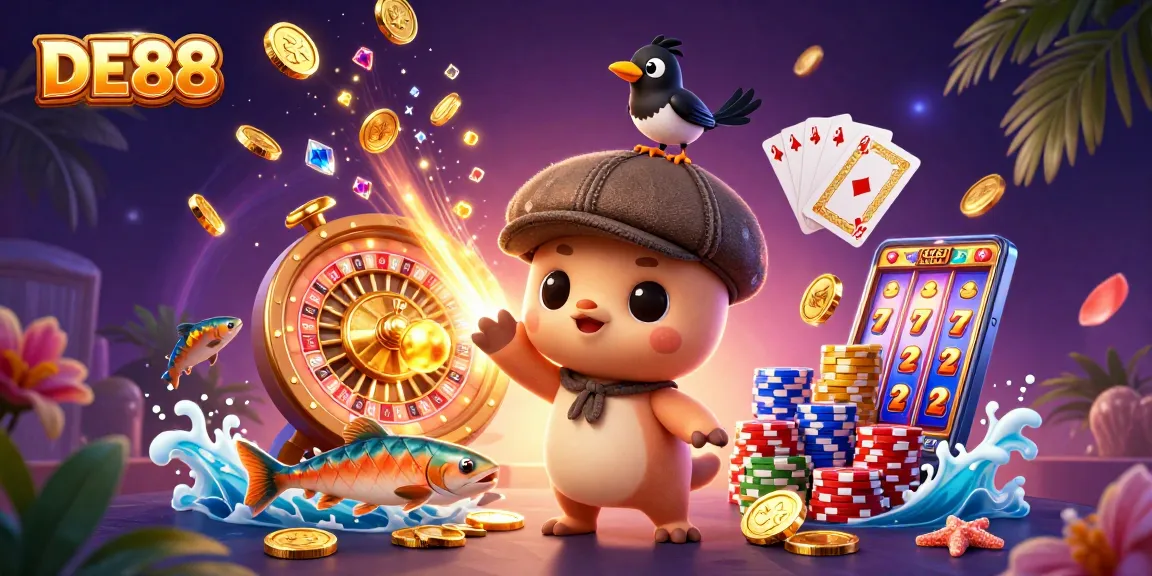 Play thrilling games at DE88 with a playful Loch Ness monster and colorful casino elements.