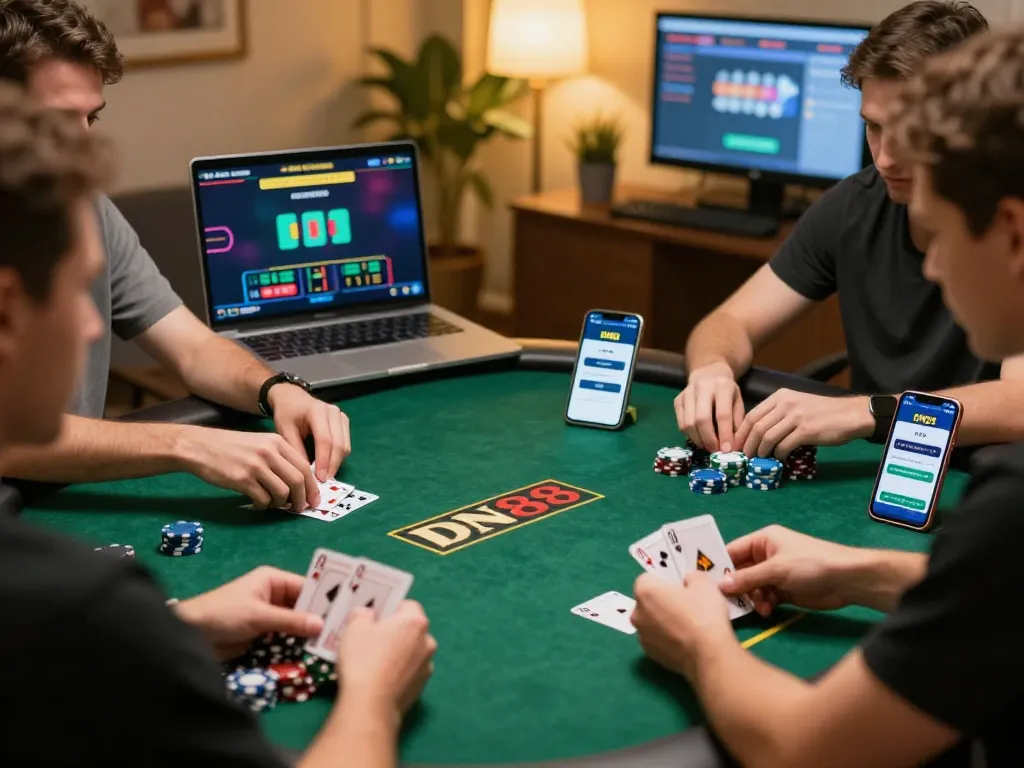 Engaging online poker experience at DN88, showcasing players making strategic bets at a live table game.