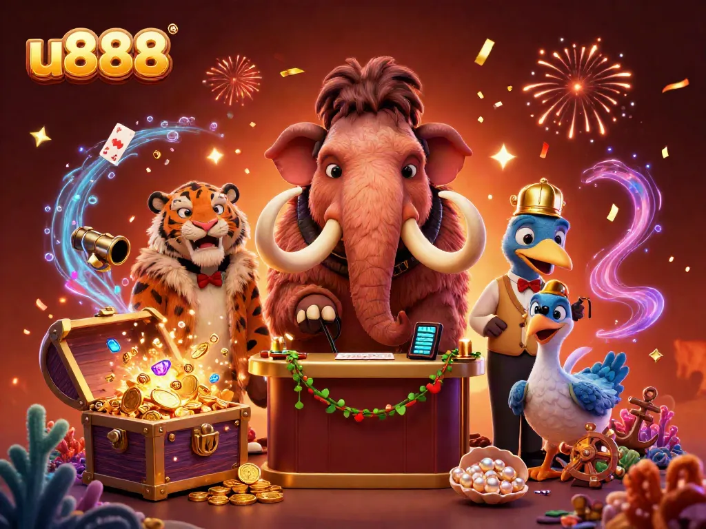 Experience gambling excitement at u888 with a vibrant 3D casino scene featuring iconic characters.