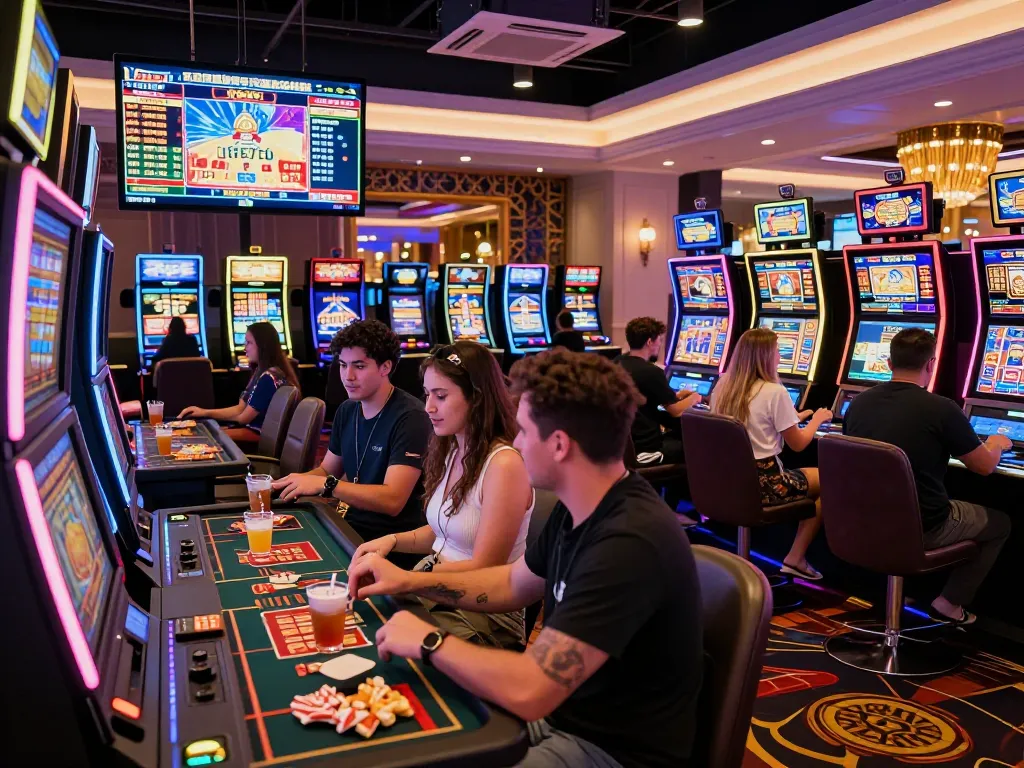 MM OO gaming experience with friends at vibrant casino, showcasing excitement.