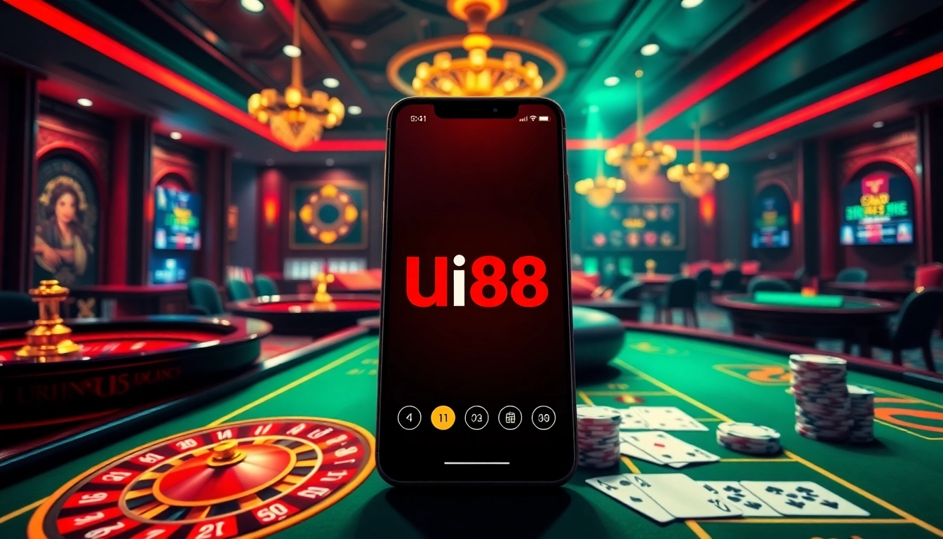 Engaging online gambling scene showcasing nhà cái UU88 with casino tables, poker chips, and U88 gaming app interface.
