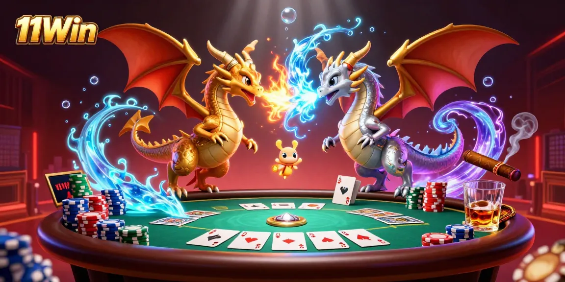Engage in thrilling poker with 11Win amid fiery dragons and vibrant casino elements.