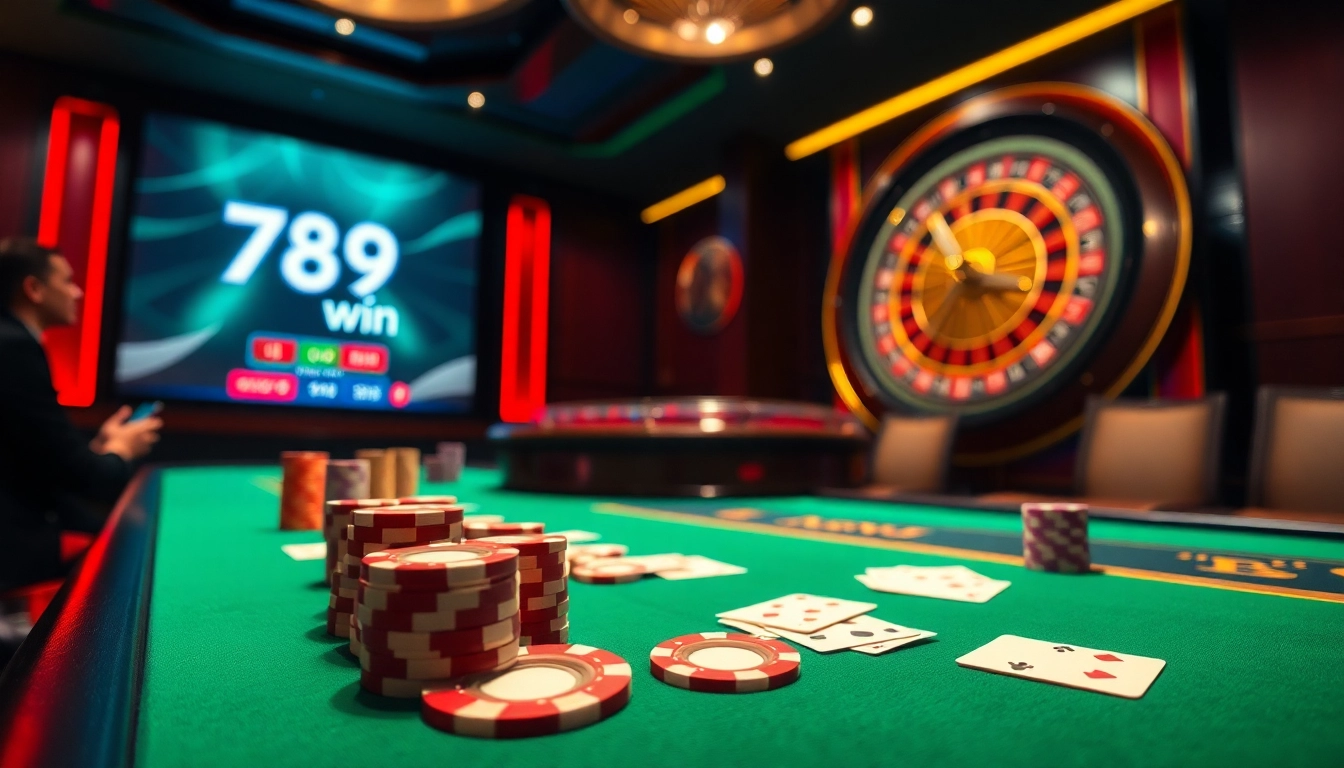 Players engaging at a vibrant 789win casino table with poker chips and cards.