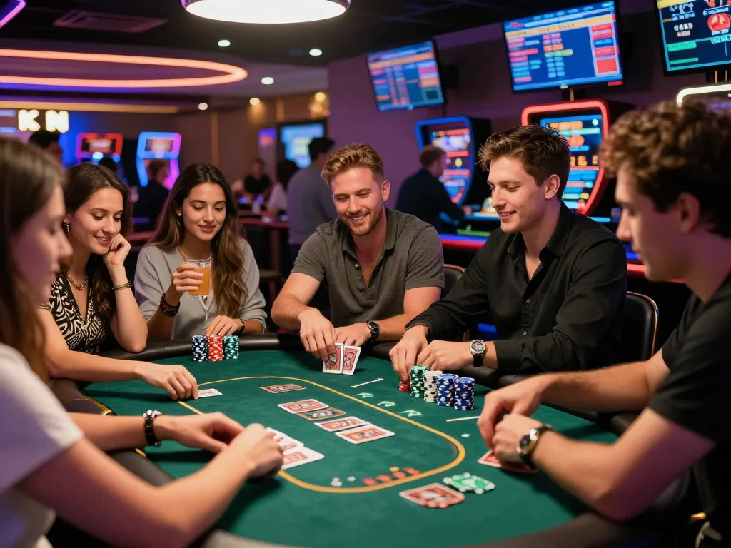 Engaging online gambling experience at https://bomwin.jp.net/ with friends at poker table in lively casino atmosphere.