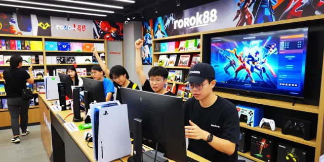 Exciting rokok88 gaming retail scene with diverse gamers interacting and vibrant merchandise.