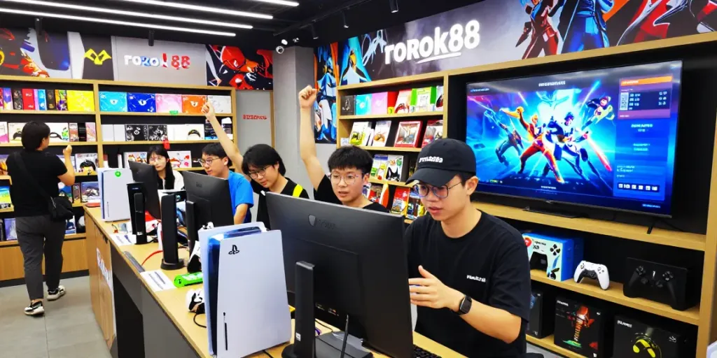 Exciting rokok88 gaming retail scene with diverse gamers interacting and vibrant merchandise.
