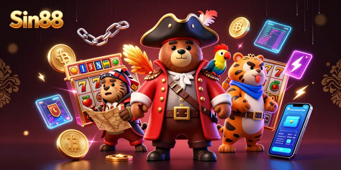 Engage in thrilling gameplay with Sin88 as a lively pirate scene showcases exciting slots and crypto.